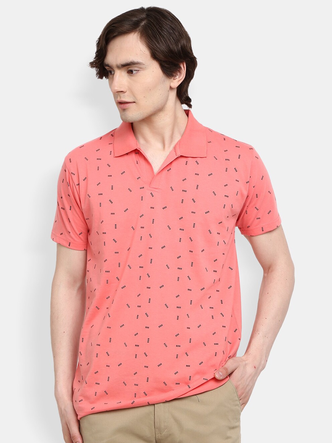 

V-Mart Men Peach-Coloured Printed Polo Collar Slim Fit T-shirt