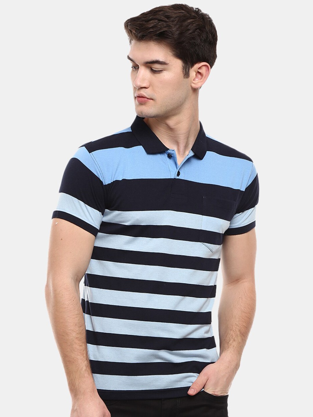 

V-Mart Men Blue & black Striped Polo Collar T-shirt