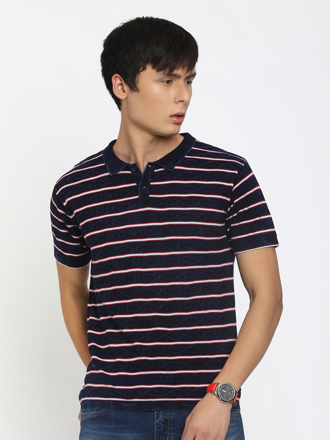 

V-Mart Men Navy Blue Striped Polo Collar Slim Fit T-shirt