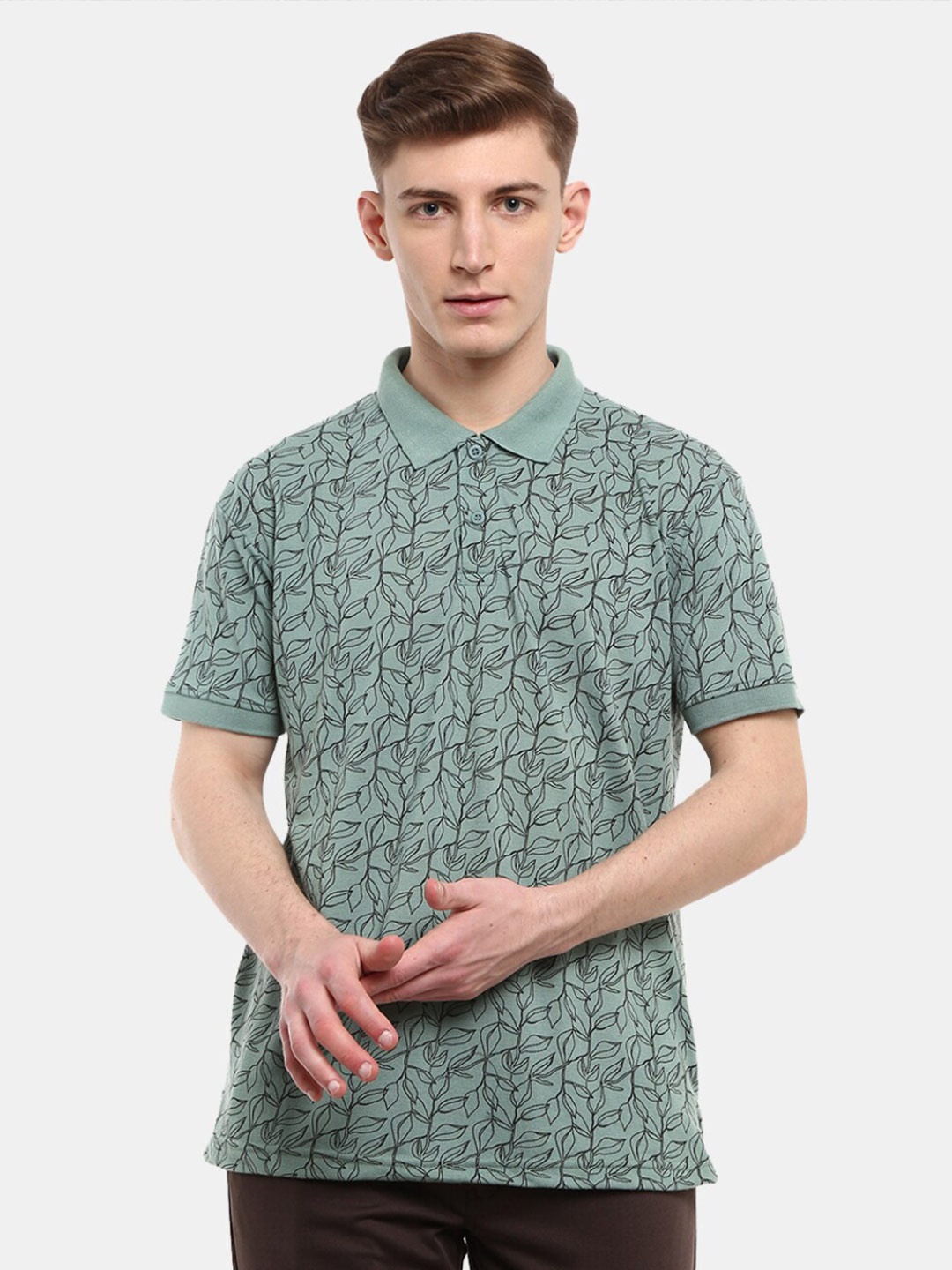 

V-Mart Men's Teal Floral Printed Polo Collar T-shirt