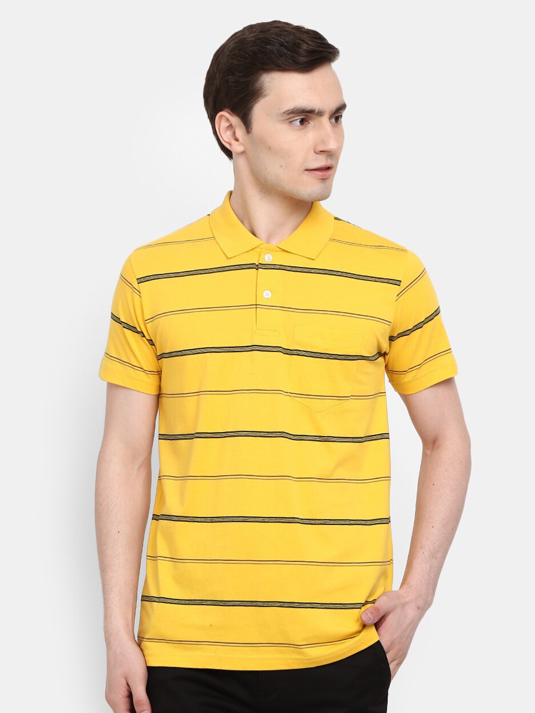 

V-Mart Men Yellow & Black Striped Cotton Polo Collar Slim Fit T-shirt