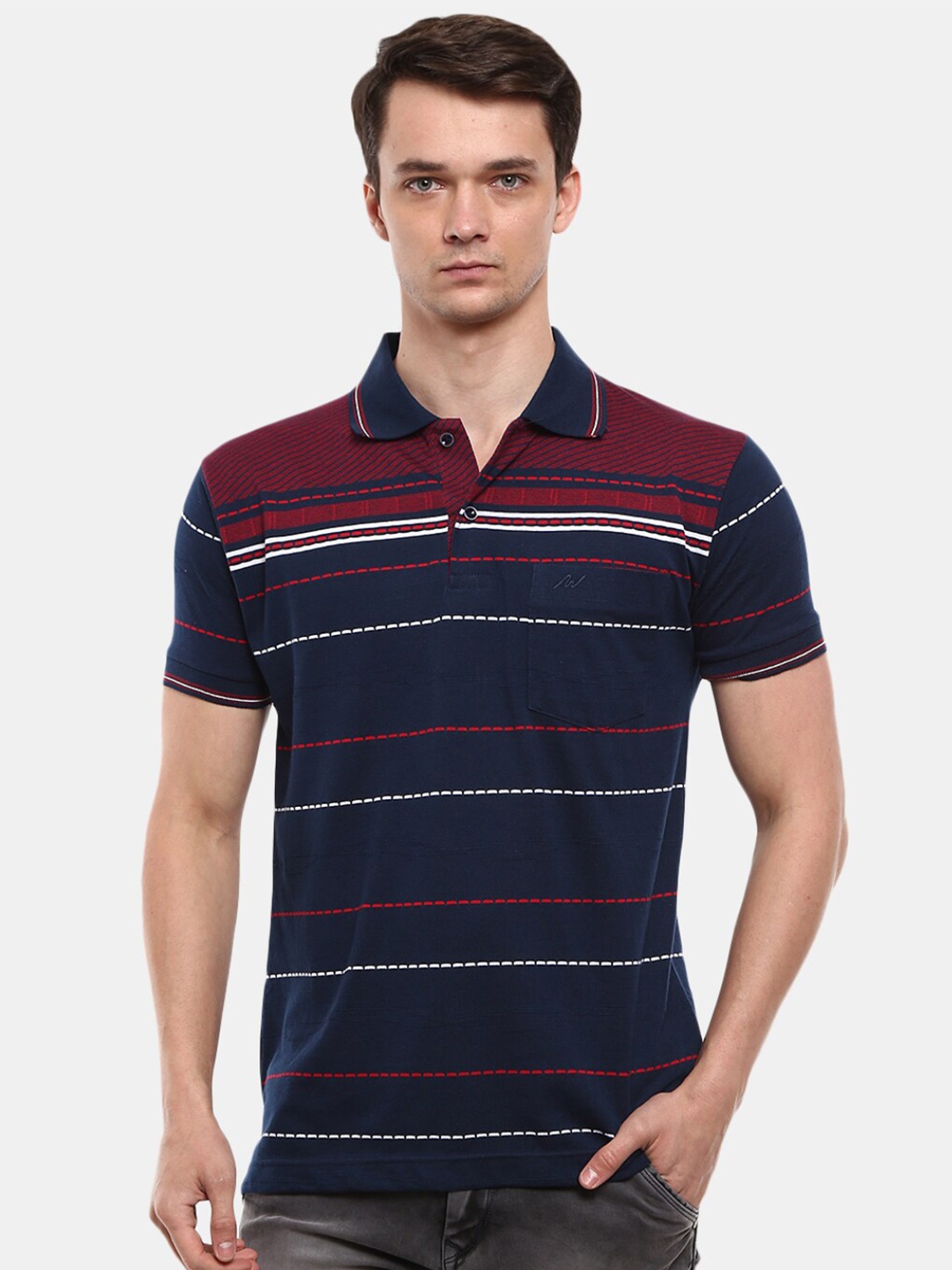 

V-Mart Men Navy Blue & Maroon Striped Polo Collar T-shirt