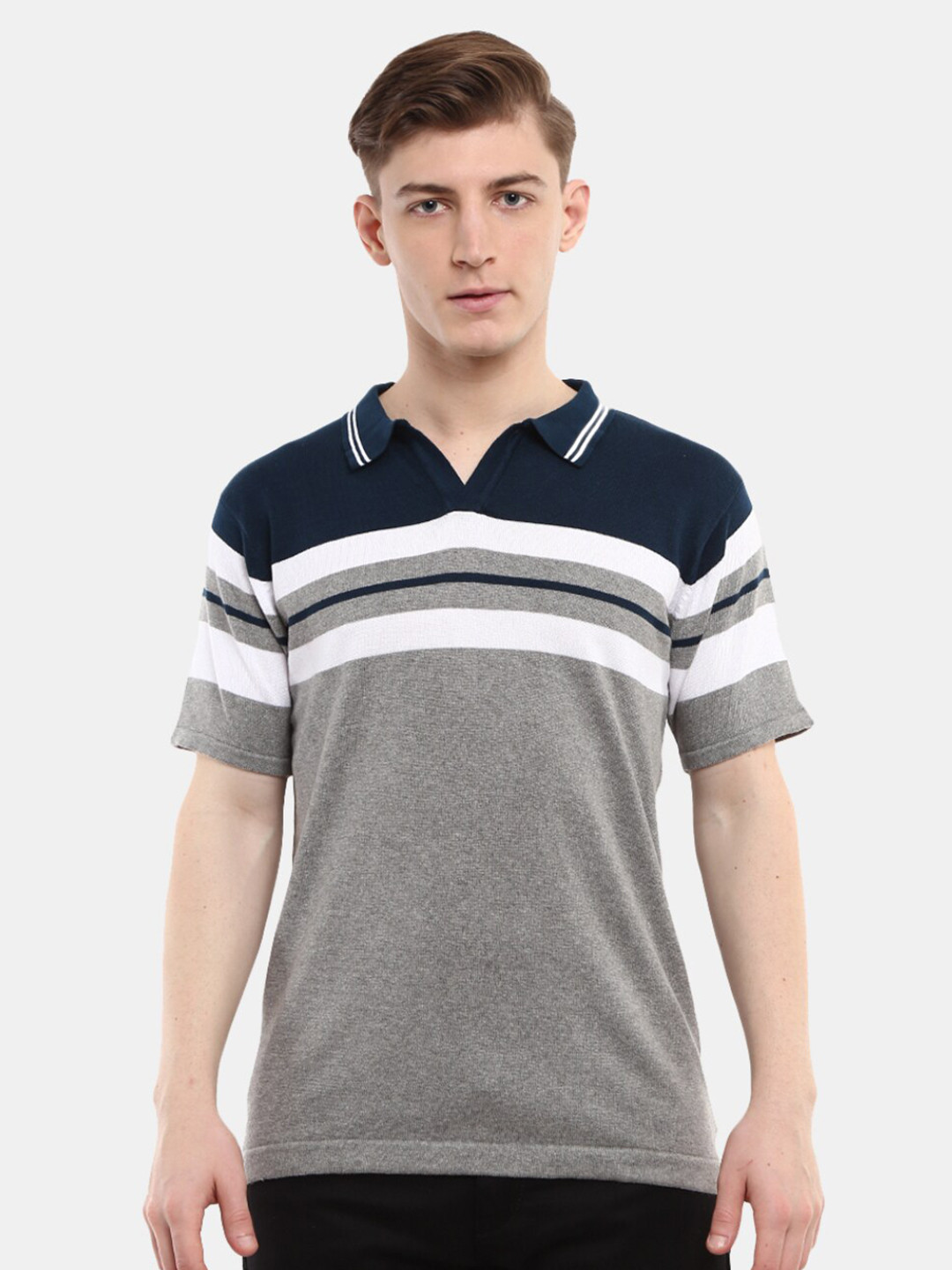 

V-Mart Men Grey Melange Colourblocked Polo Collar Slim Fit T-shirt