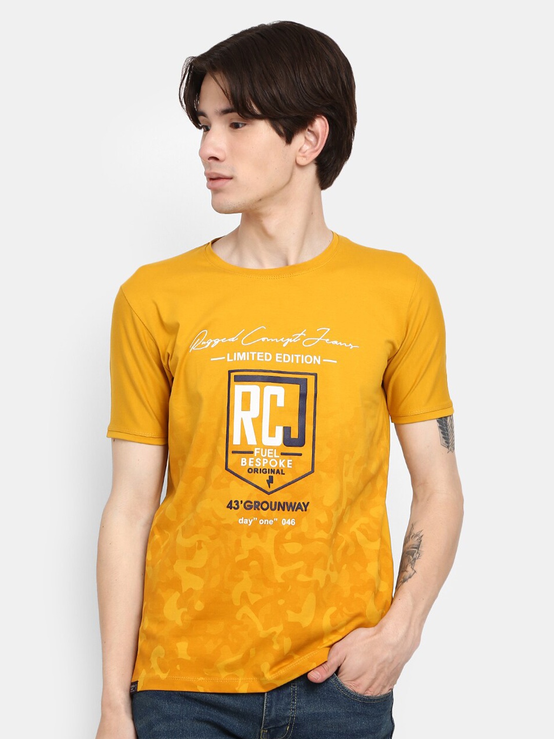 

V-Mart Men Mustard Yellow & White Typography Printed T-shirt