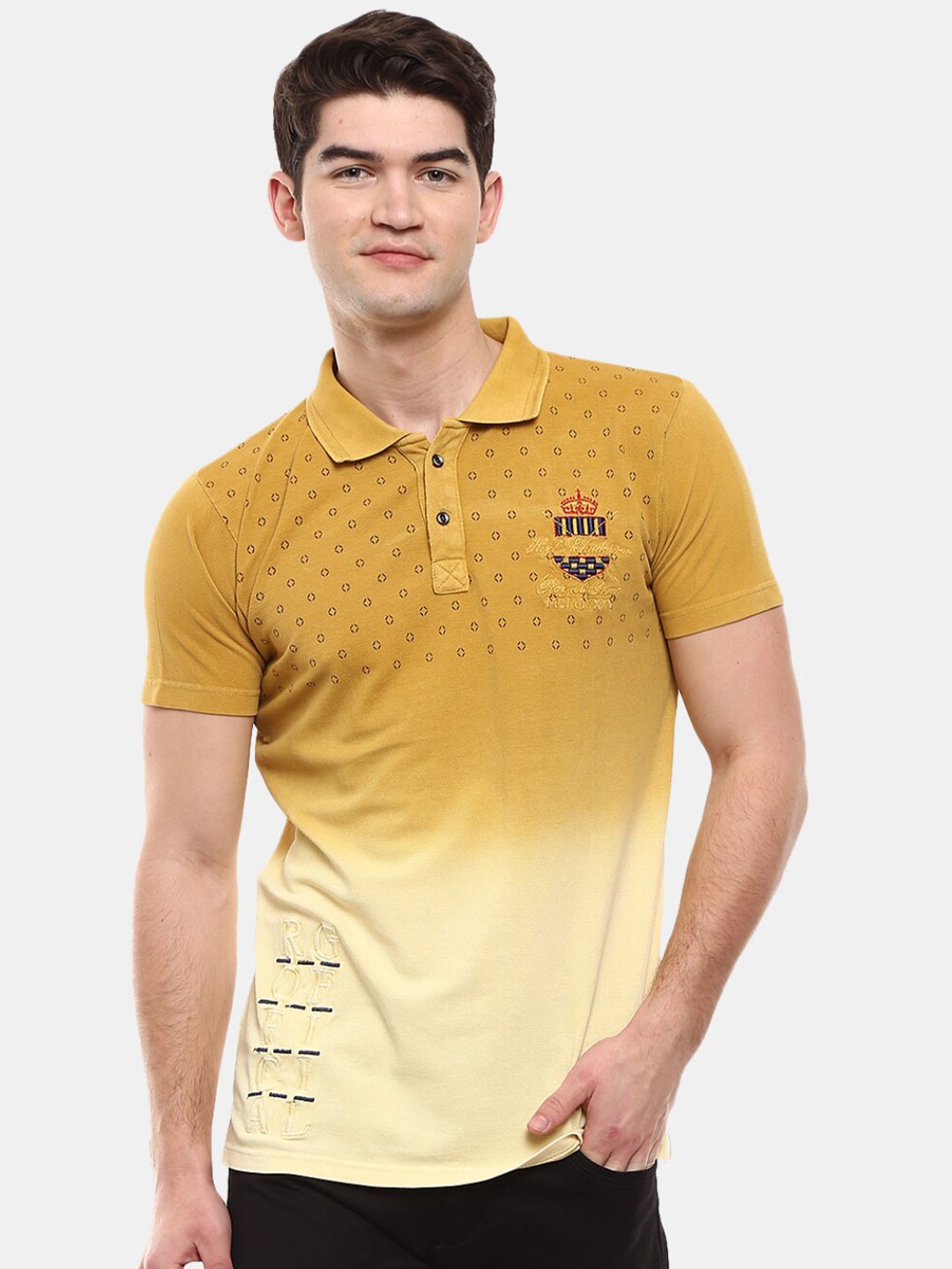 

V-Mart Men Khaki Printed Polo Collar Applique Slim Fit T-shirt