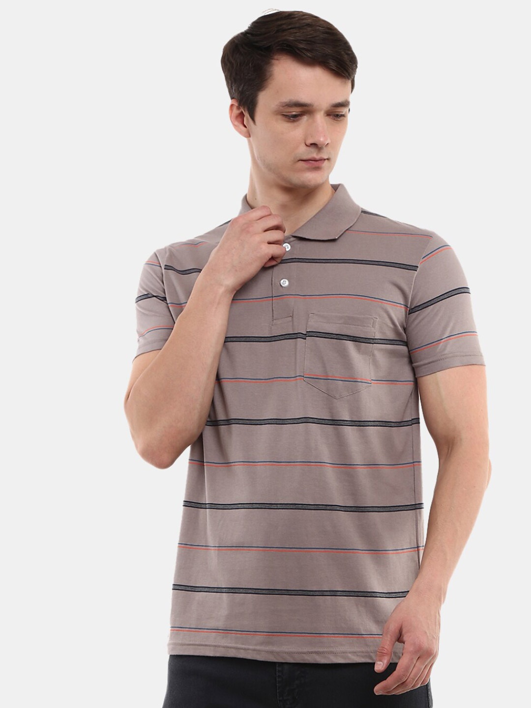 

V-Mart Men Grey Striped Polo Collar Slim Fit T-shirt