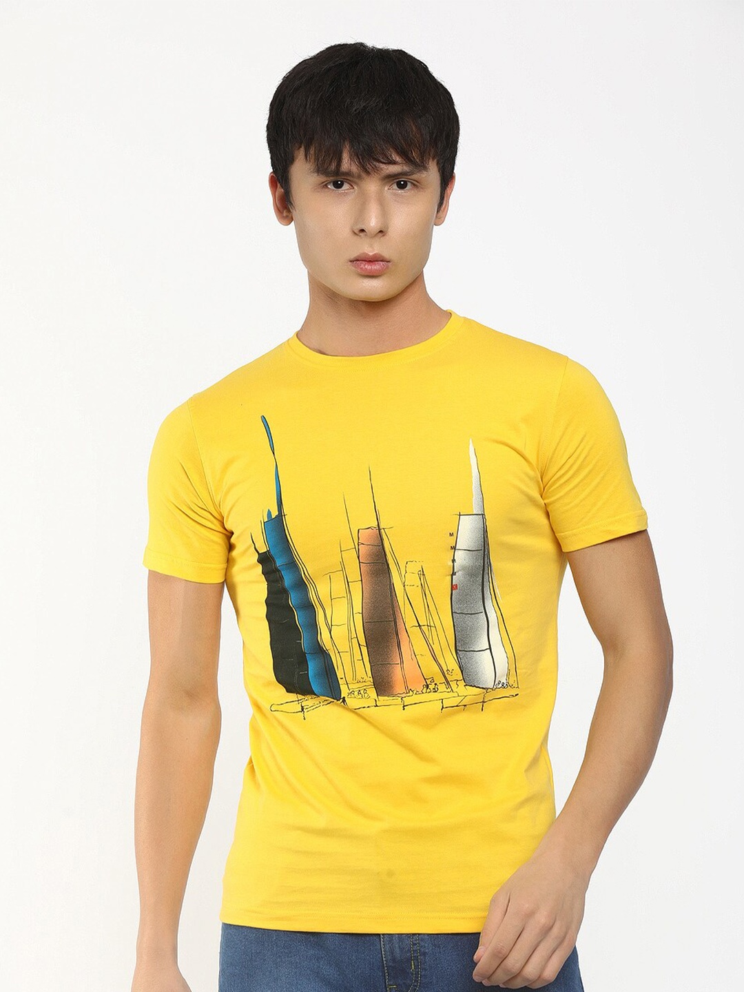 

V-Mart Men Mustard Yellow & gargoyle gas Printed Slim Fit T-shirt