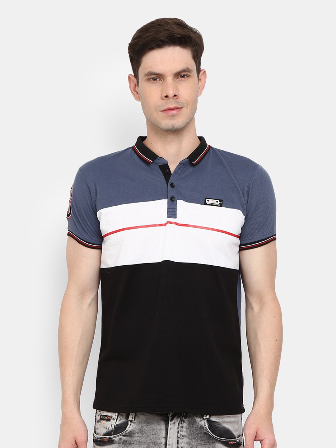 

V-Mart Men Grey Colourblocked Polo Collar Applique Slim Fit T-shirt