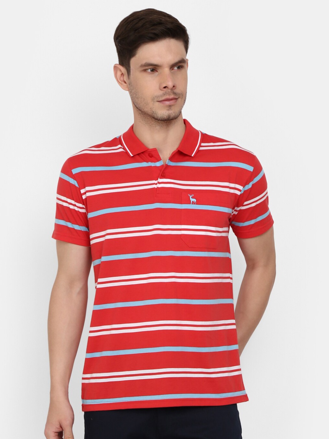 

V-Mart Men Red Striped Polo Collar Cotton T-shirt