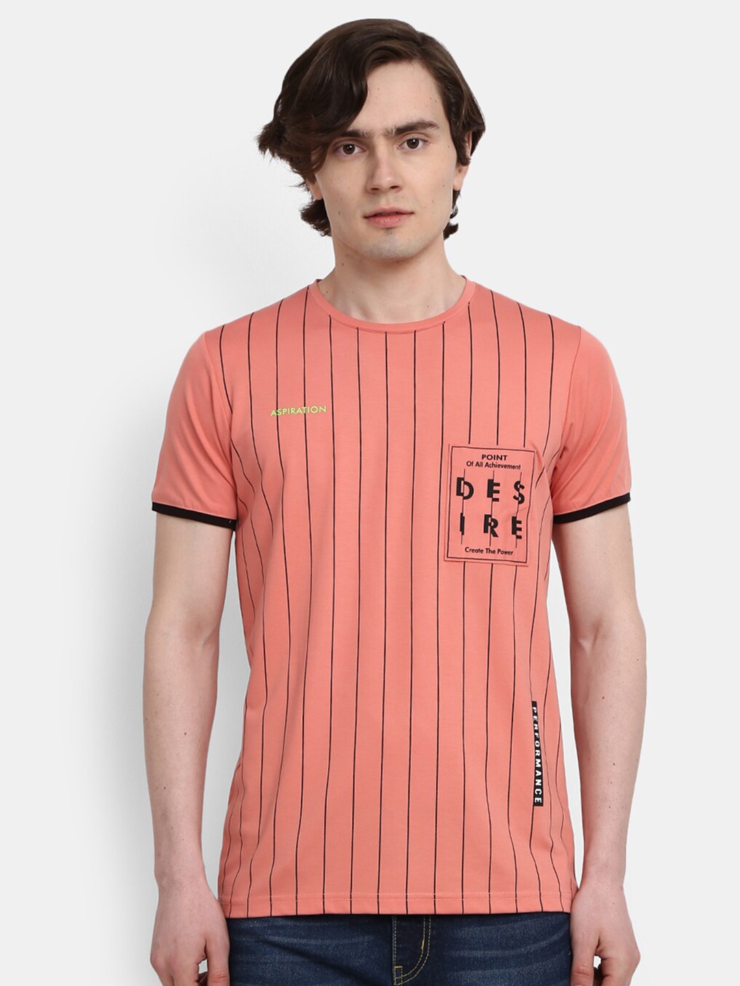 

V-Mart Men Orange Striped Slim Fit T-shirt