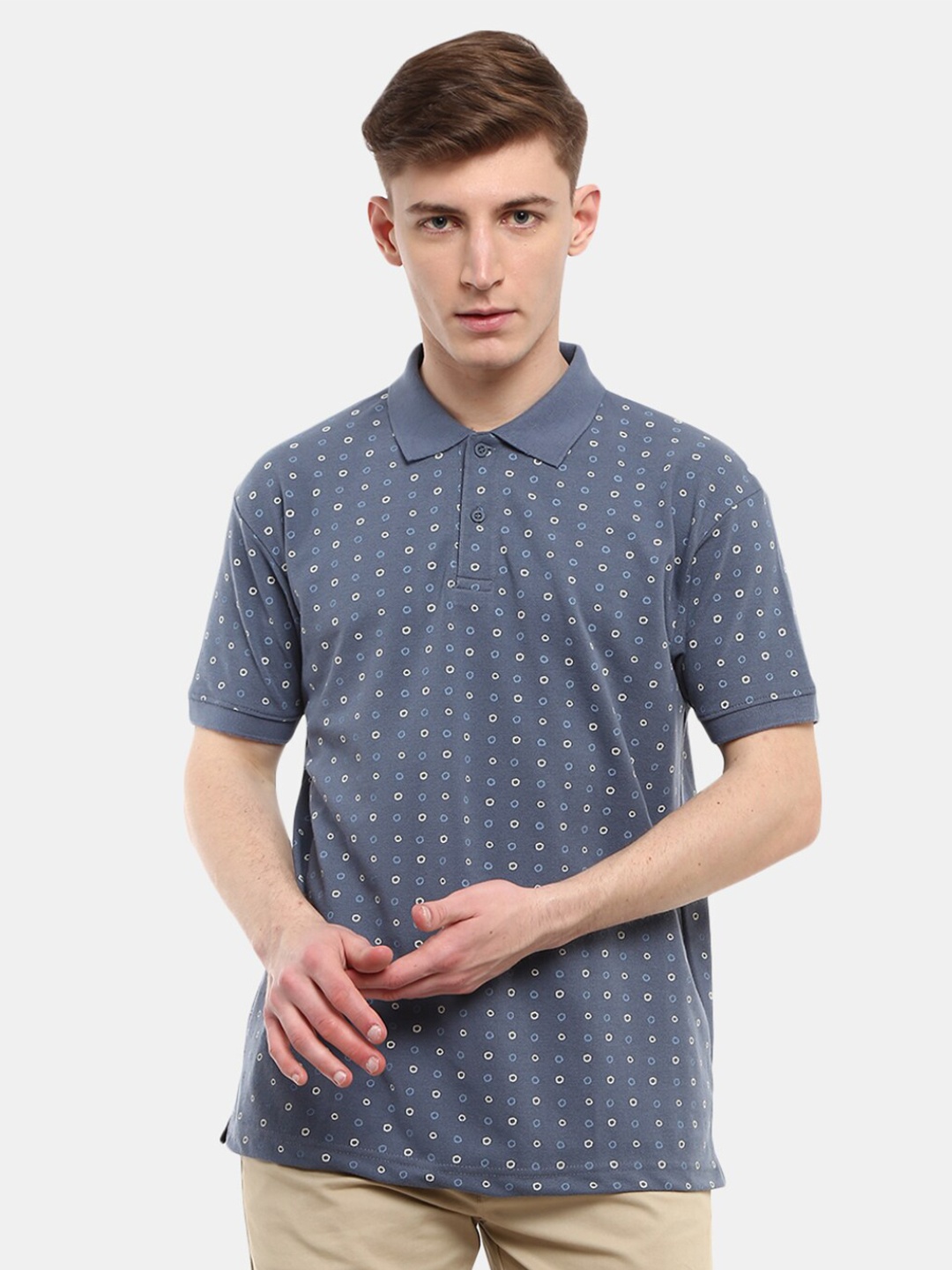 

V-Mart Men Grey & Blue Printed Polo Collar T-shirt