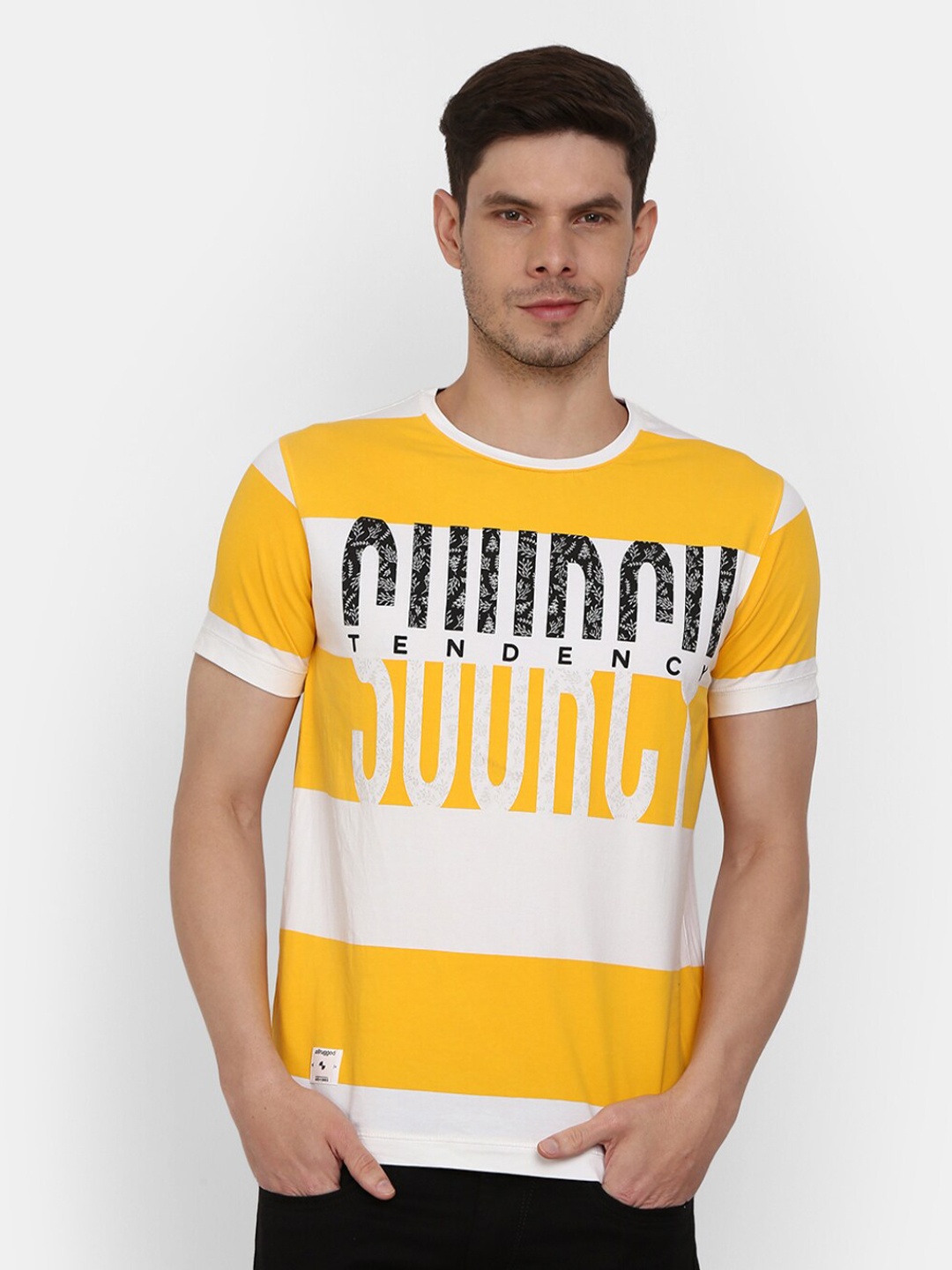 

V-Mart Men White Typography Striped Applique Slim Fit T-shirt