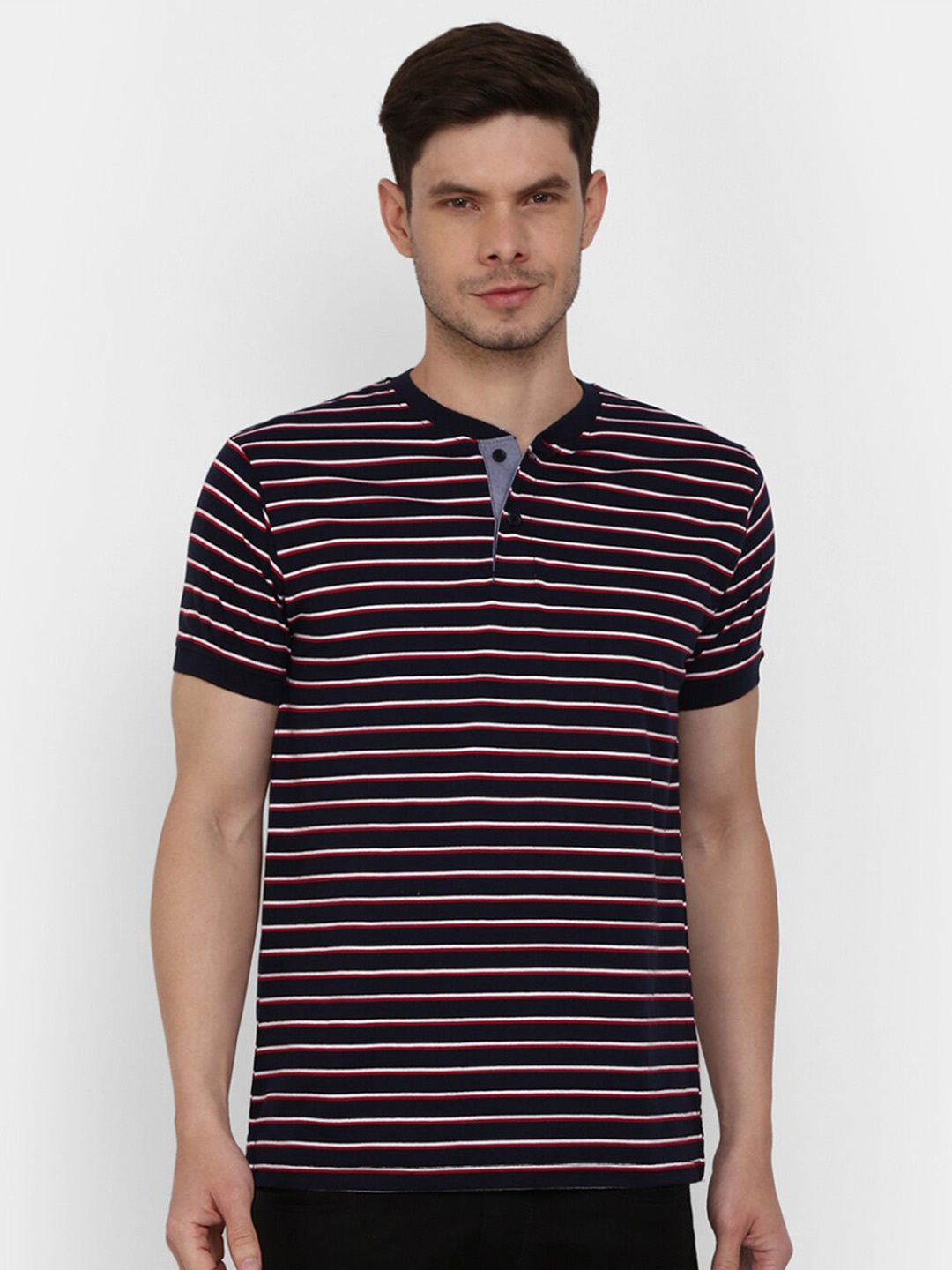 

V-Mart Men Navy Blue & White Striped Cotton Henley Neck T-shirt