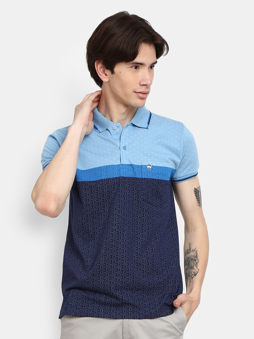 

V-Mart Men Blue Striped Polo Collar Single Jersey T-shirt