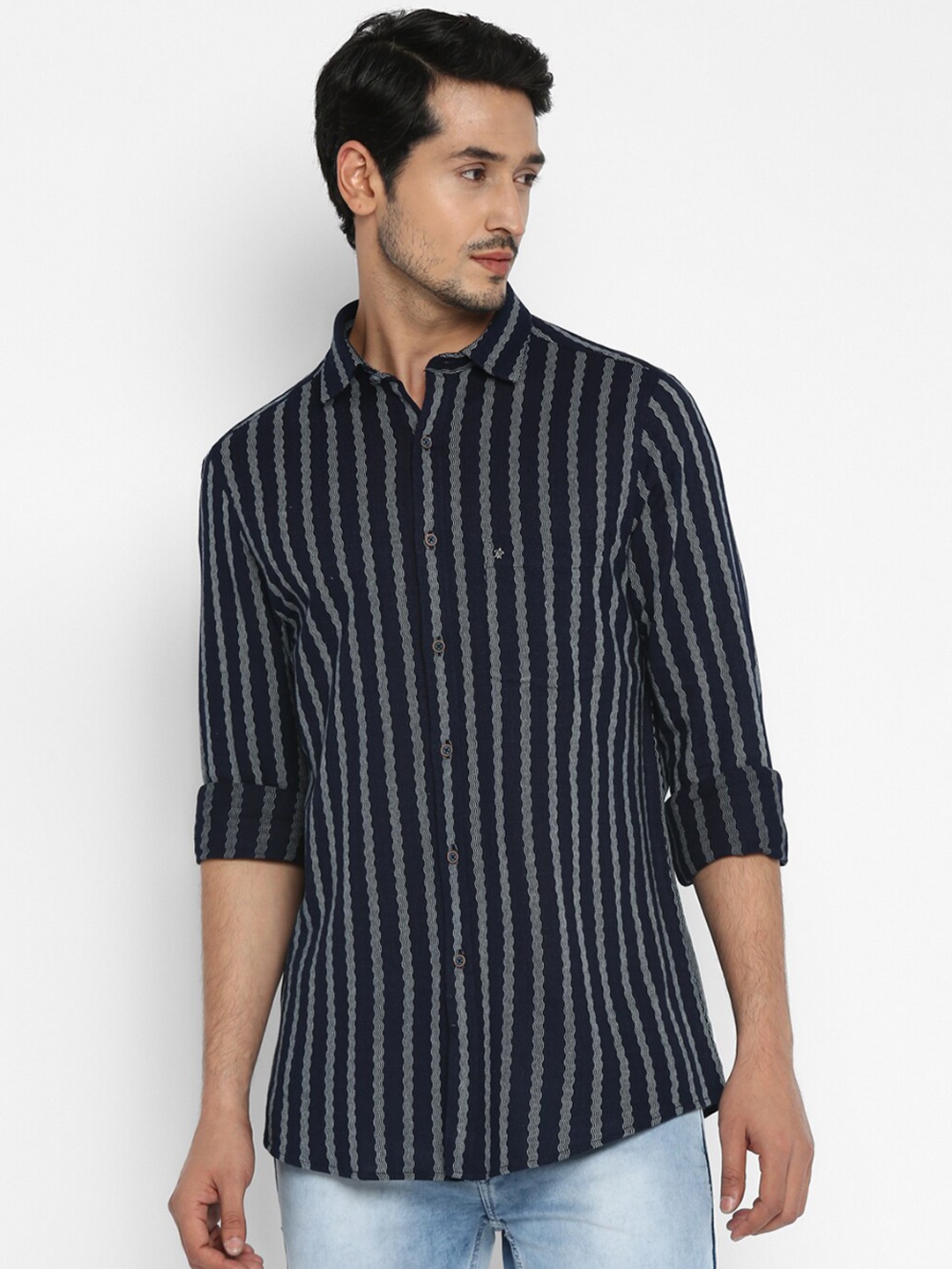 

Turtle Men Navy Blue Skinny Fit Striped Semiformal Shirt
