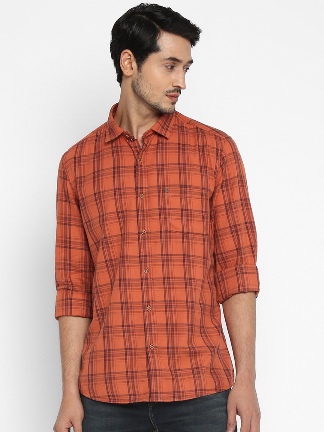 

Turtle Men Orange Slim Fit Tartan Checks Checked Semiformal Shirt