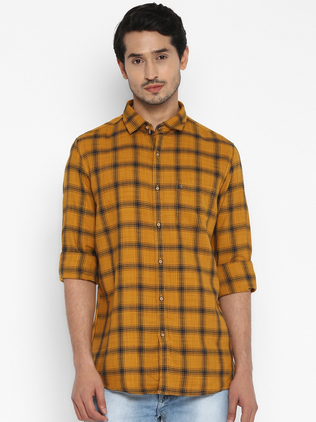 

Turtle Men Yellow Checked Cotton Blend Slim Fit Semiformal Shirt