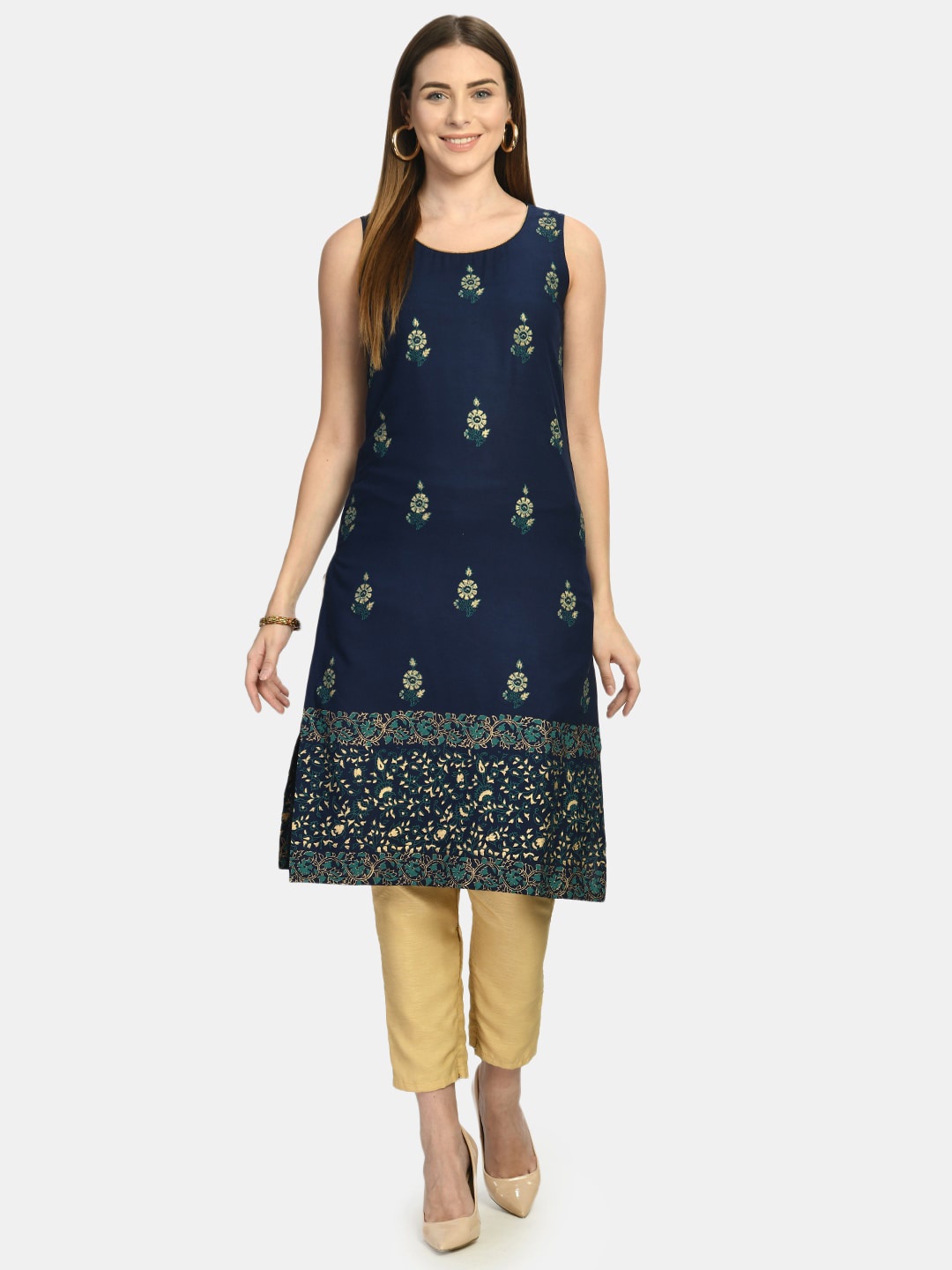 

Akshatani Women Navy Blue & Golden Handblock Printed Kurta
