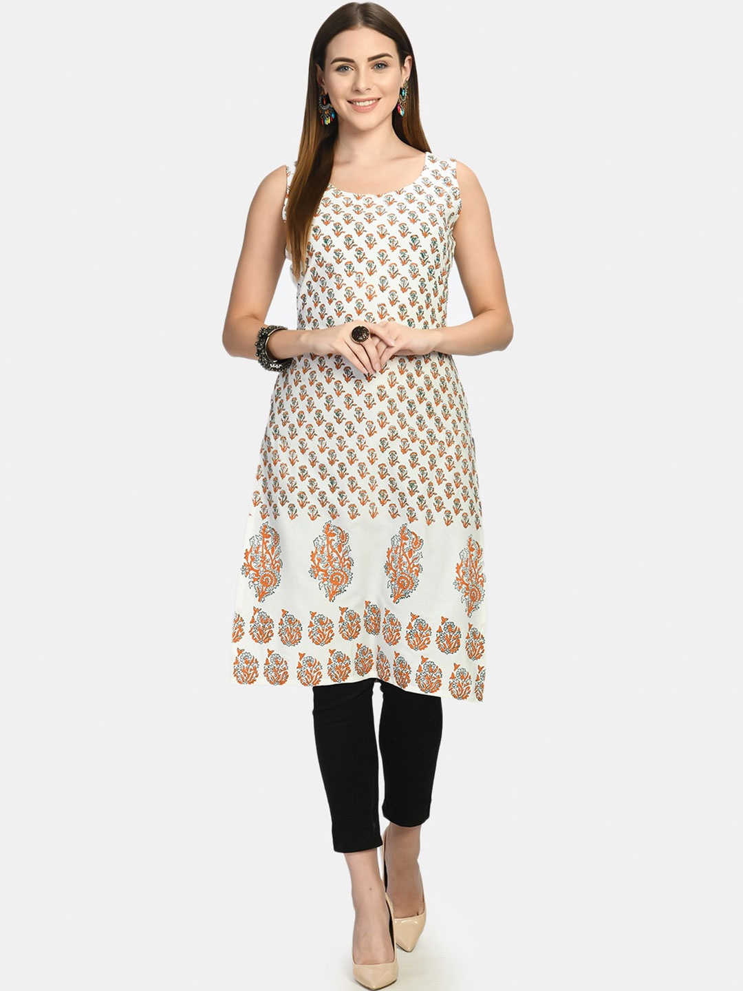 

Akshatani Women White & Orange Ethnic motifs Printed Kurta