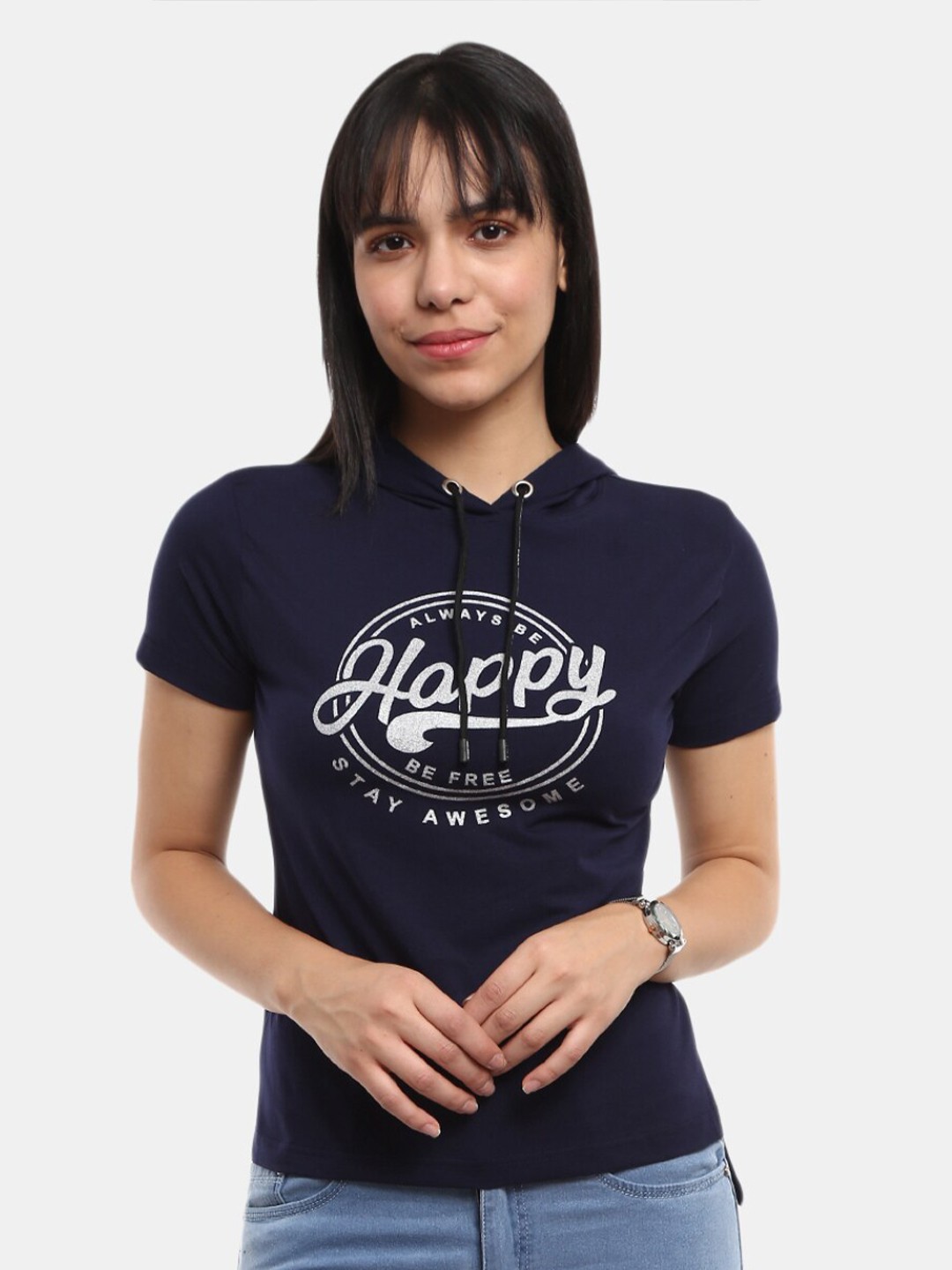 

V-Mart Women Navy Blue Typography Printed T-shirt