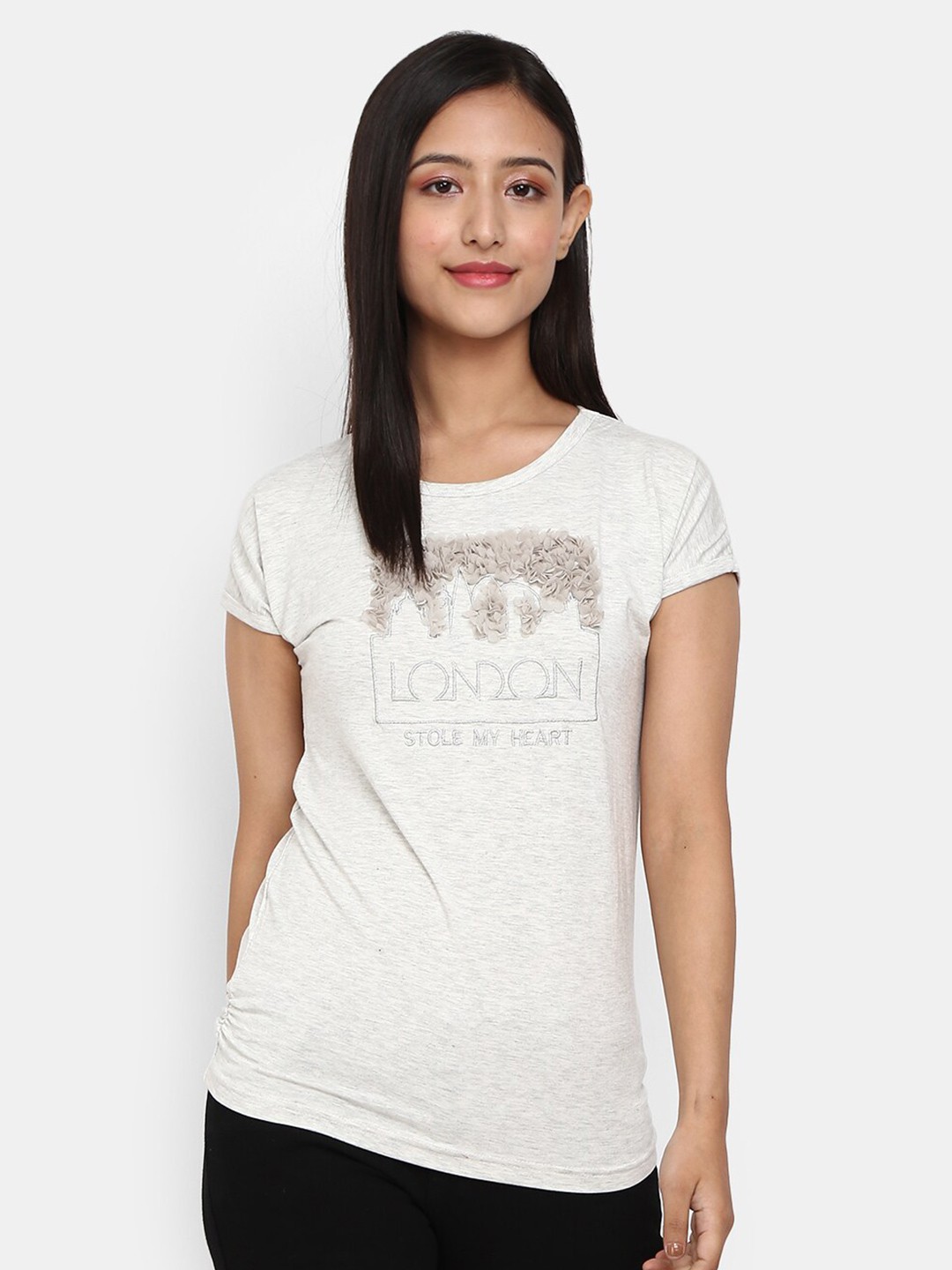 

V-Mart Women Cream Embroidered Viscose Lycra Round Neck T-Shirt
