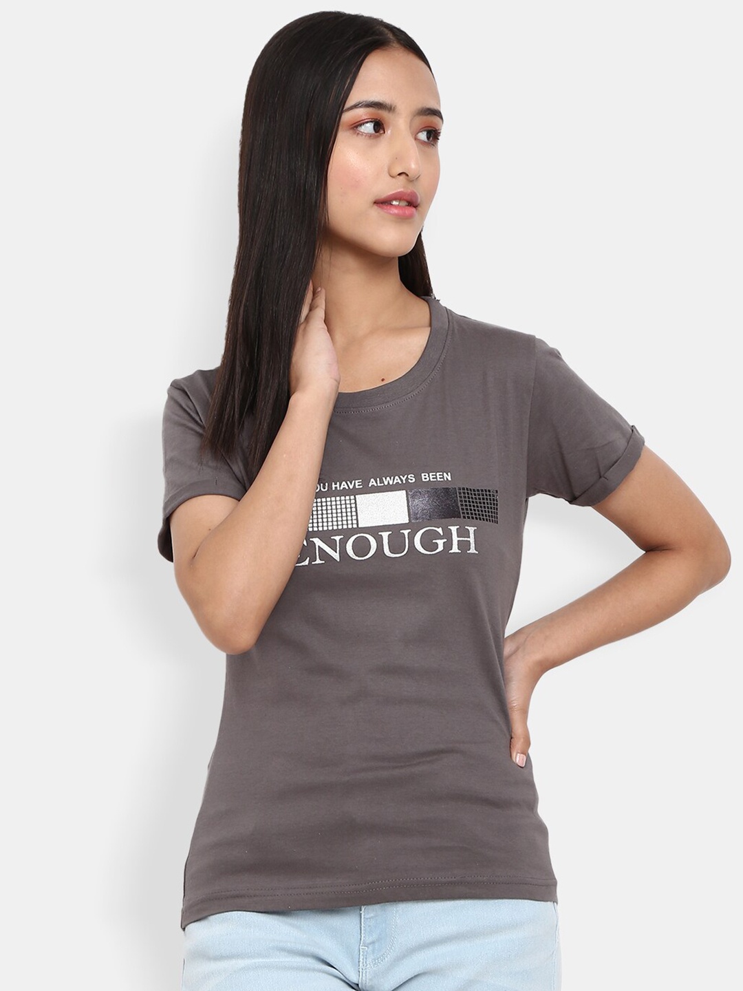 

V-Mart Women Grey Typography Printed Regular Shoulder Sleeves Applique T-shirt
