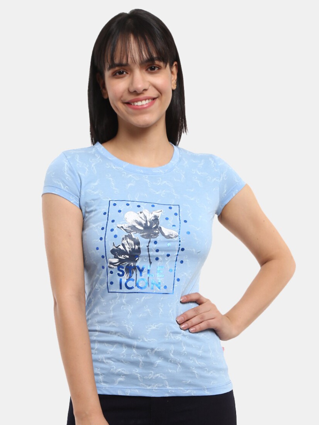 

V-Mart Women Blue Western Printed Poly Cotton Single Jersey T-shirt