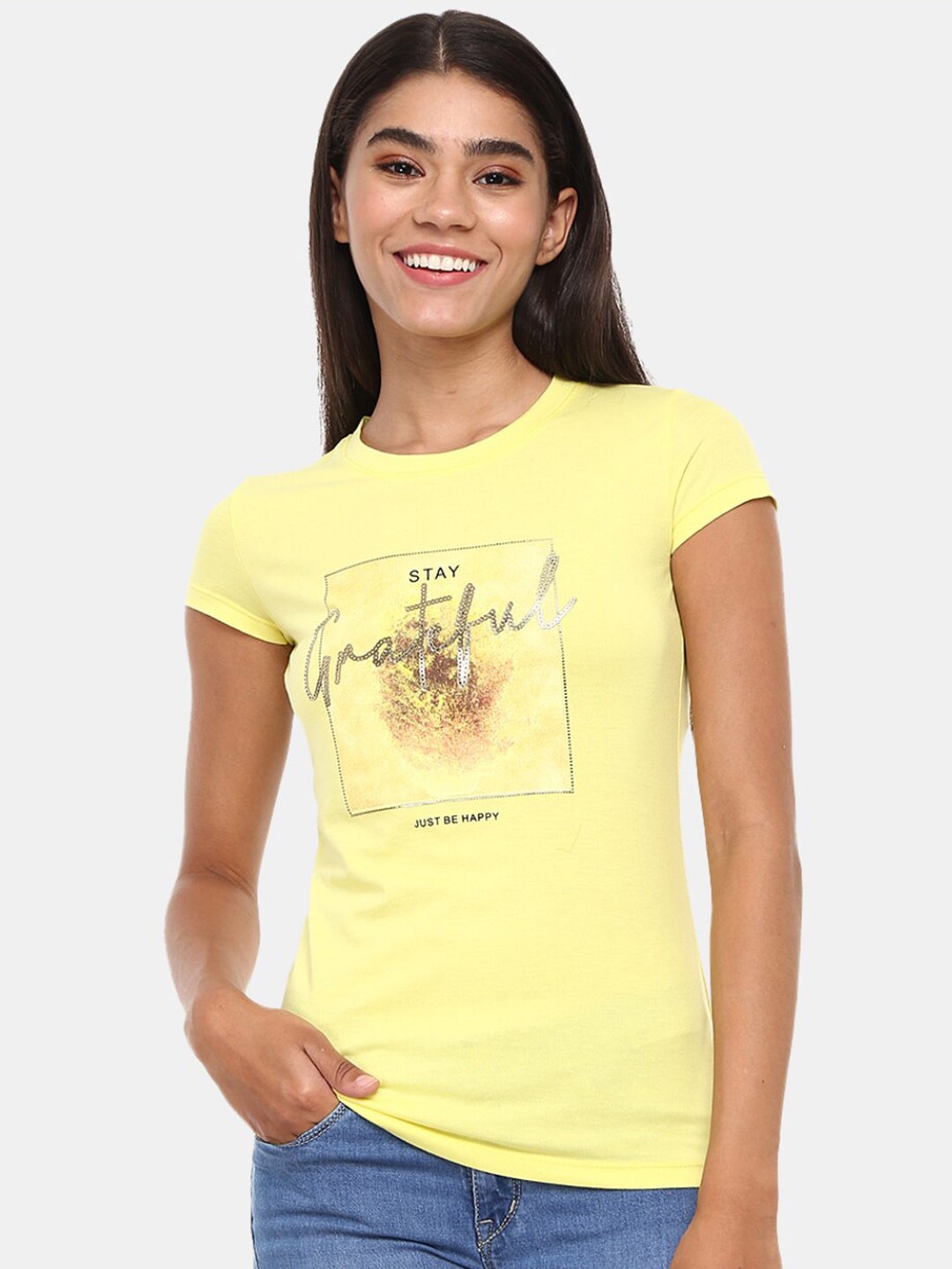 

V-Mart Women Yellow Typography Printed T-shirt