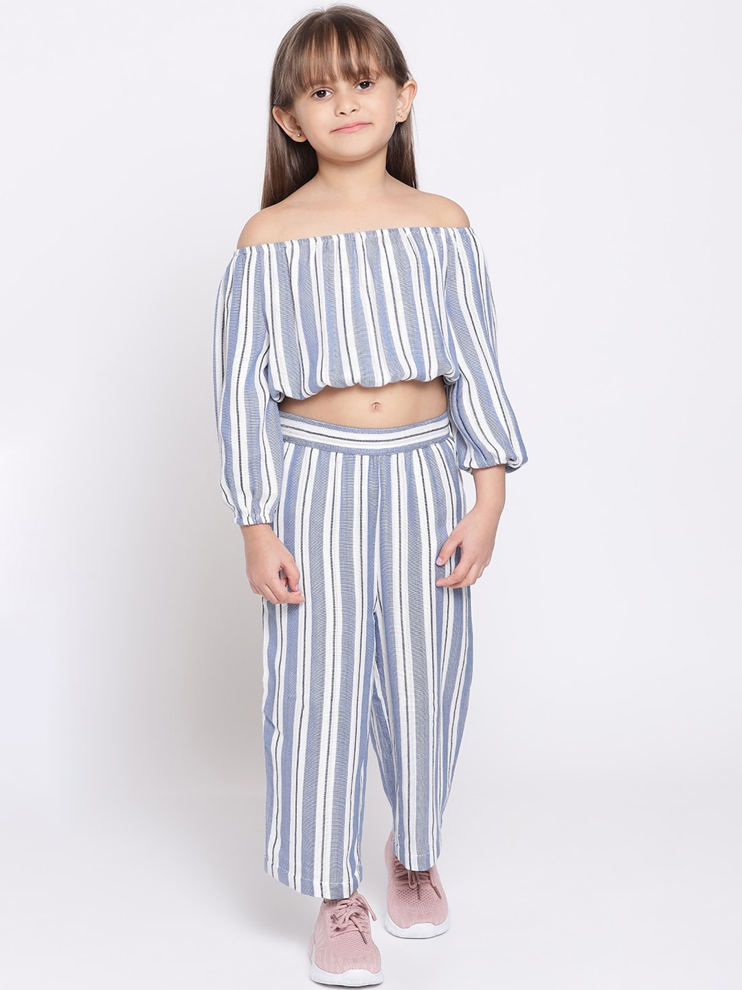 

Nauti Nati Girls Blue & White Striped Pure Cotton Off Shoulder Clothing Set