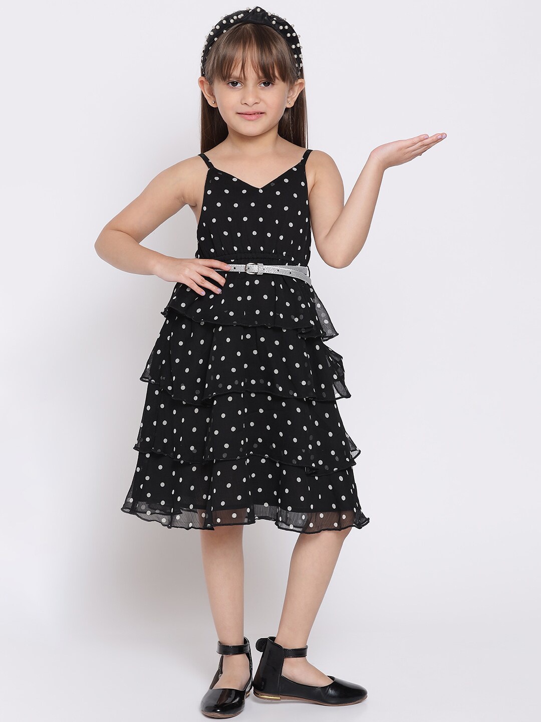 

Nauti Nati Girls Black & White Polka Dots Layered Georgette Dress