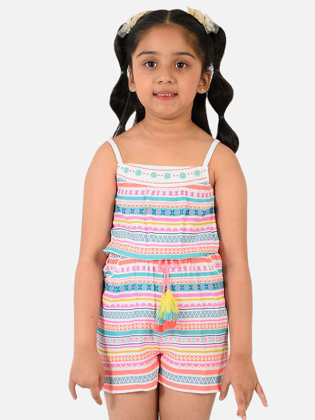 

Nauti Nati Girls White & Blue Printed Jumpsuit