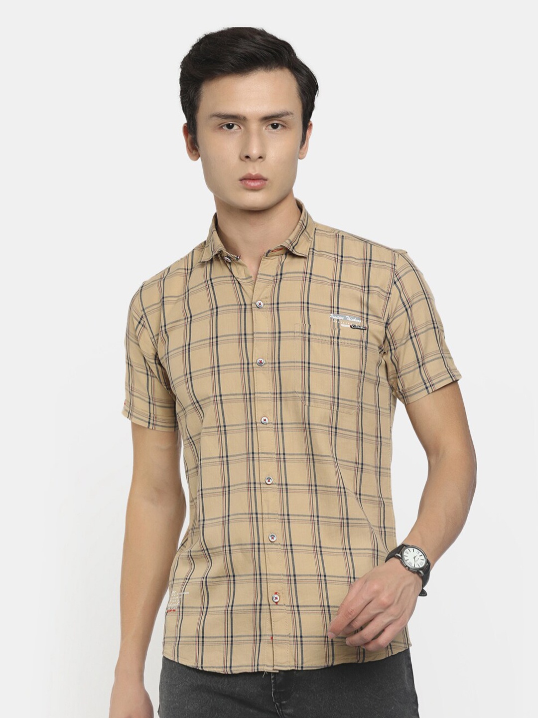 

V-Mart Men Khaki Tartan Checks Checked Casual Shirt