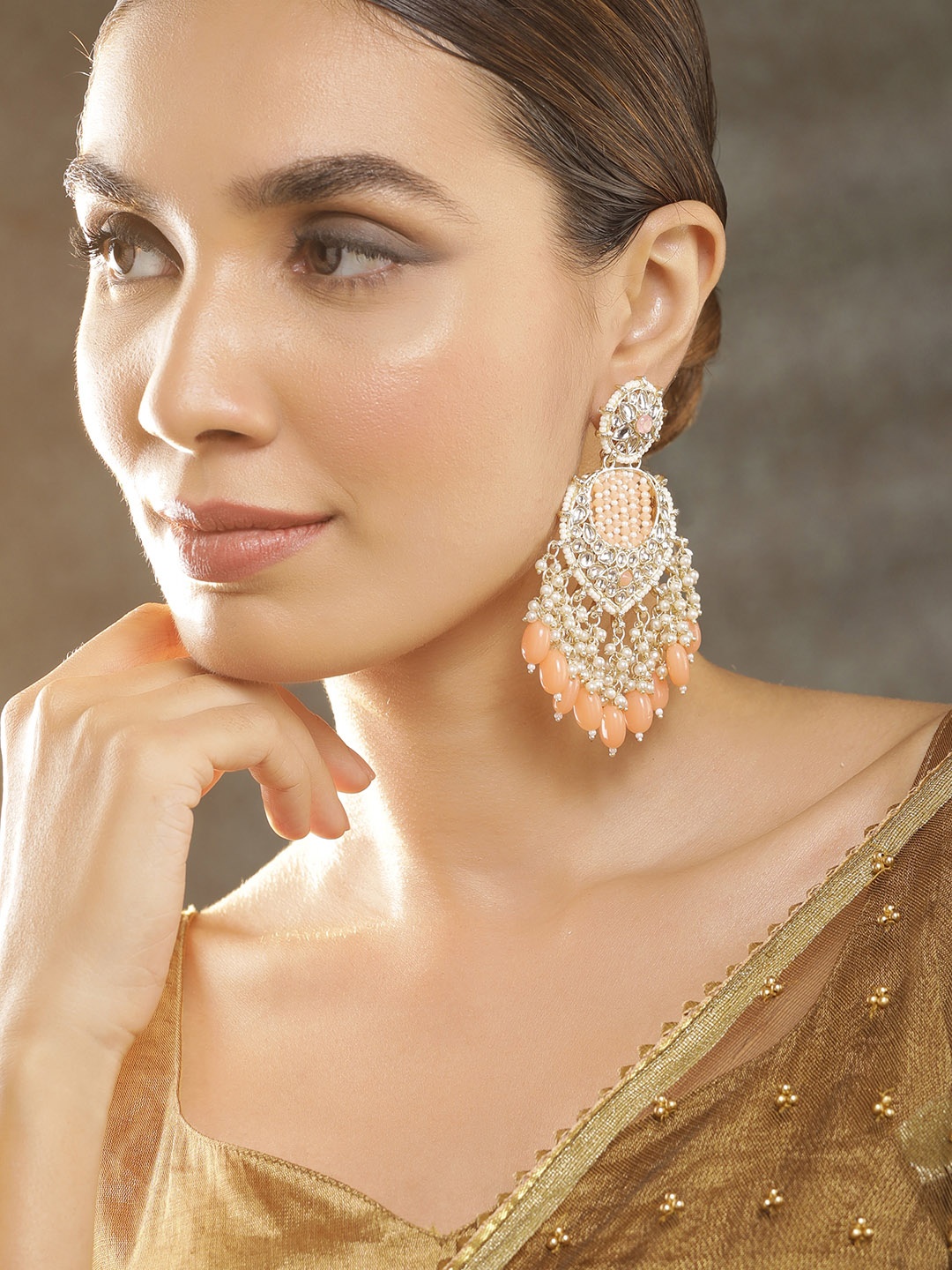 

Rubans Gold-Toned & Peach-Coloured Crescent Shaped Chandbalis Earrings