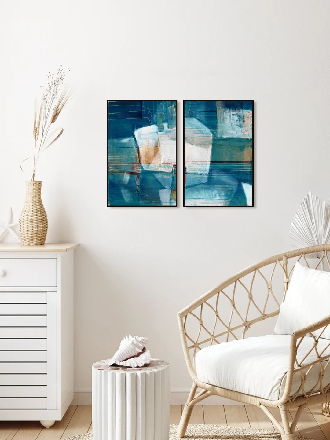 

999 Store Set Of 2 Blue And White Abstract Painting Wall Art