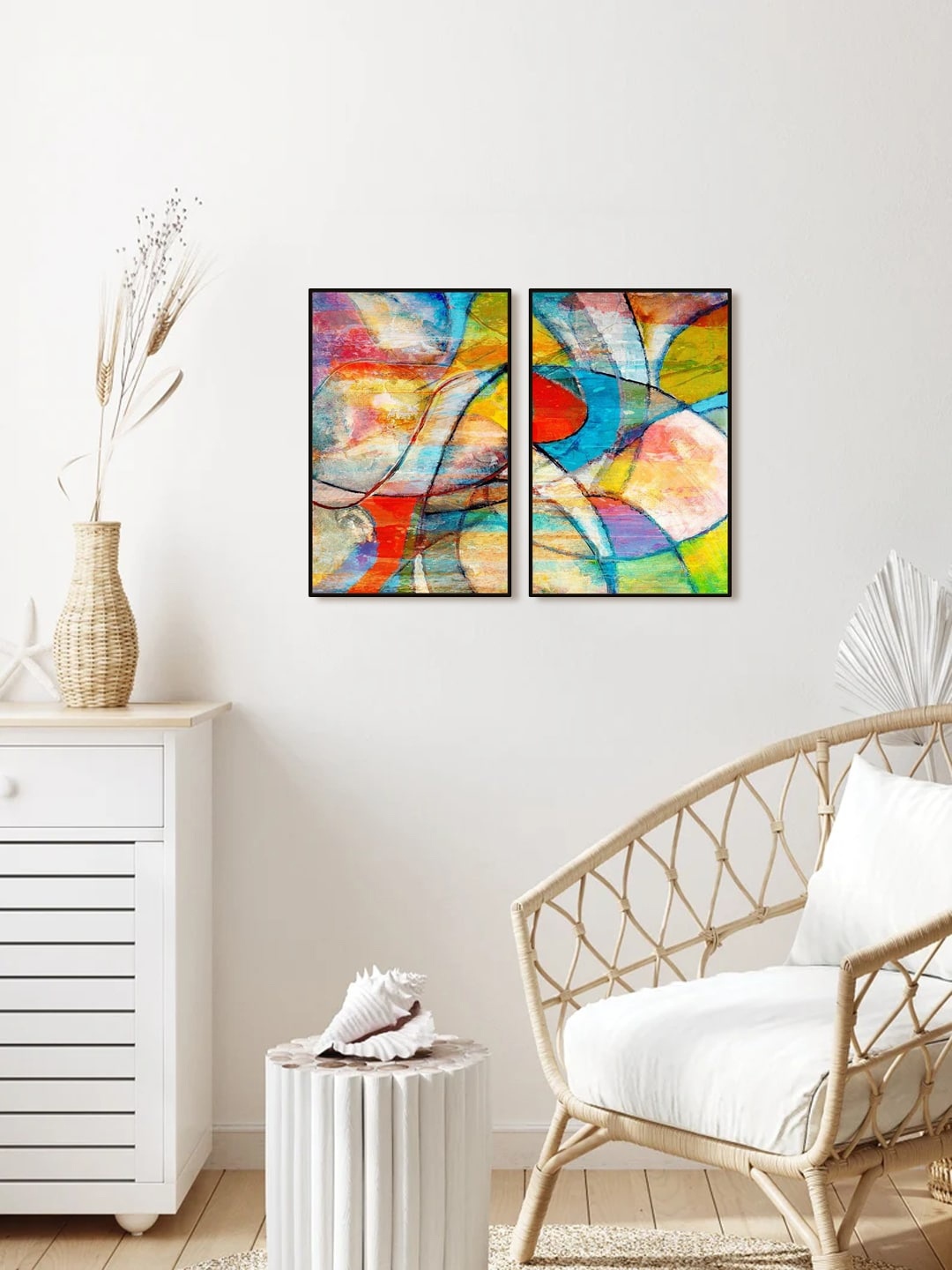 

999Store Set Of 2 Red & Yellow Abstract Framed Wall Painting