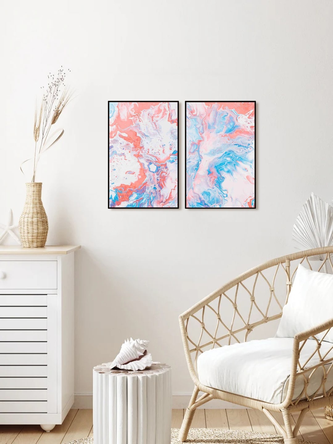 

999Store Set Of 2 Blue & Pink Abstract Painting Wall Art