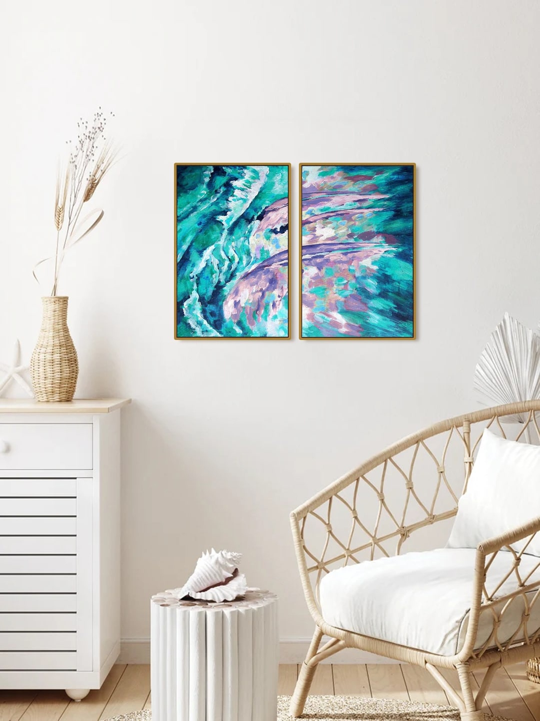 

999Store Set Of 2 Abstract Painting Framed Wall Art, Sea green