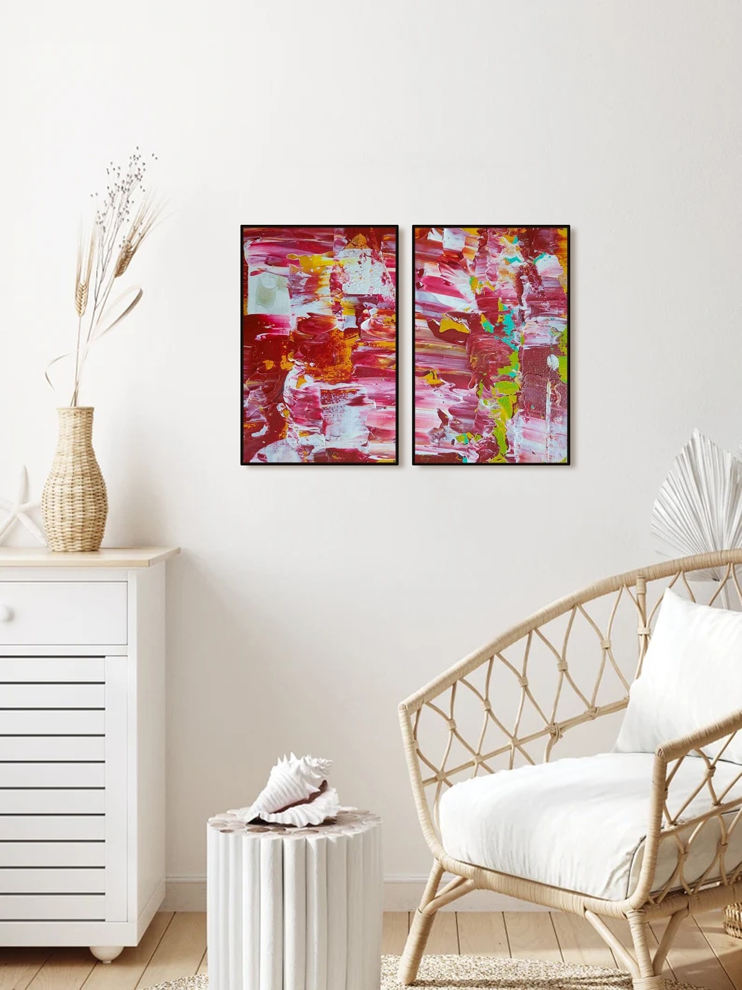 

999Store Set of 2 Red & White Printed Abstract Painting Wall Art