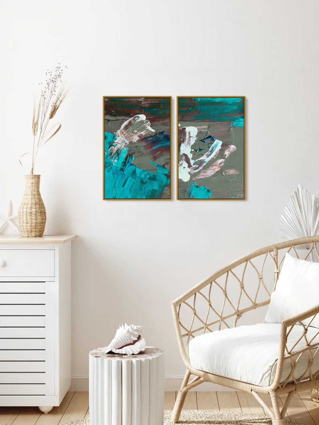 

999Store Set of 2 Brown & Green Printed Abstract Painting Wall Art Painting