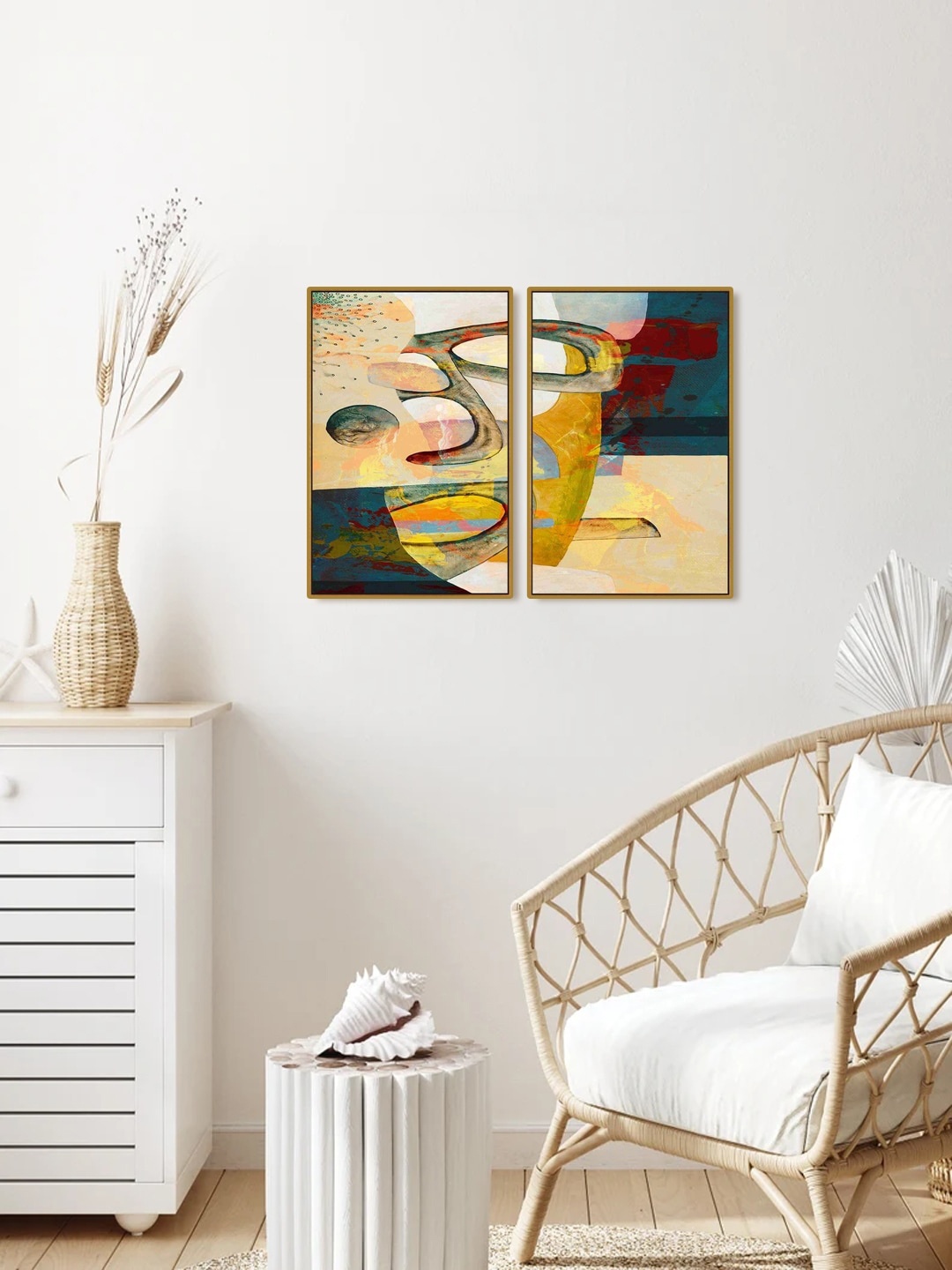 

999Store Set Of 2 Yellow & Brown Printed Abstract Painting Wall Art