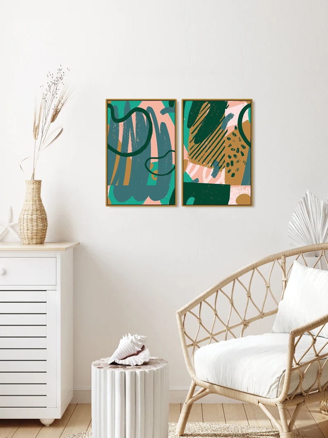 

999Store Set Of 2 Green & Pink Abstract Painting Wall Art