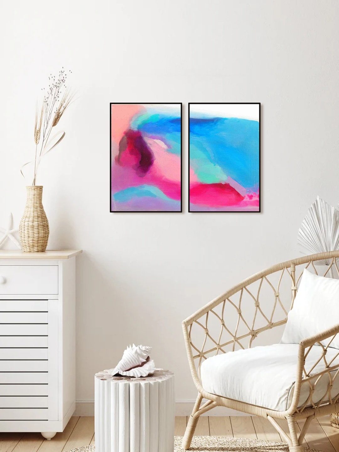 

999Store Set Of 2 Blue & Pink Abstract Painted Wall Art