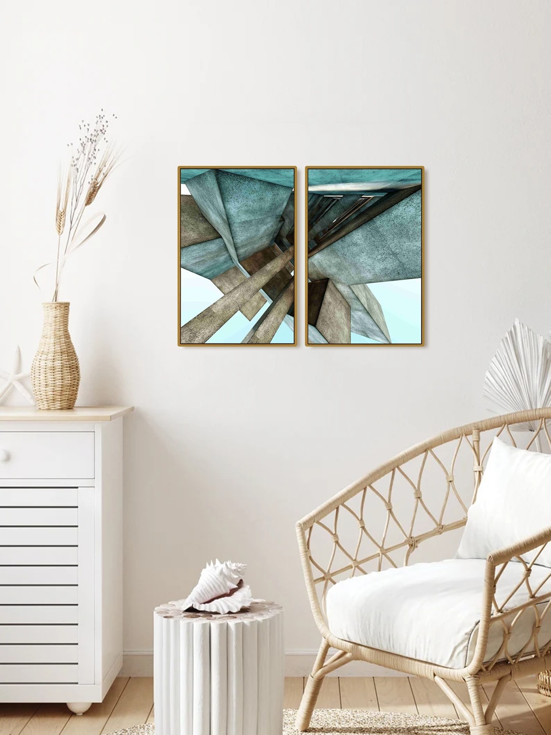 

999Store Set Of 2 Brown & Teal Contemporary Abstract Wall Painting