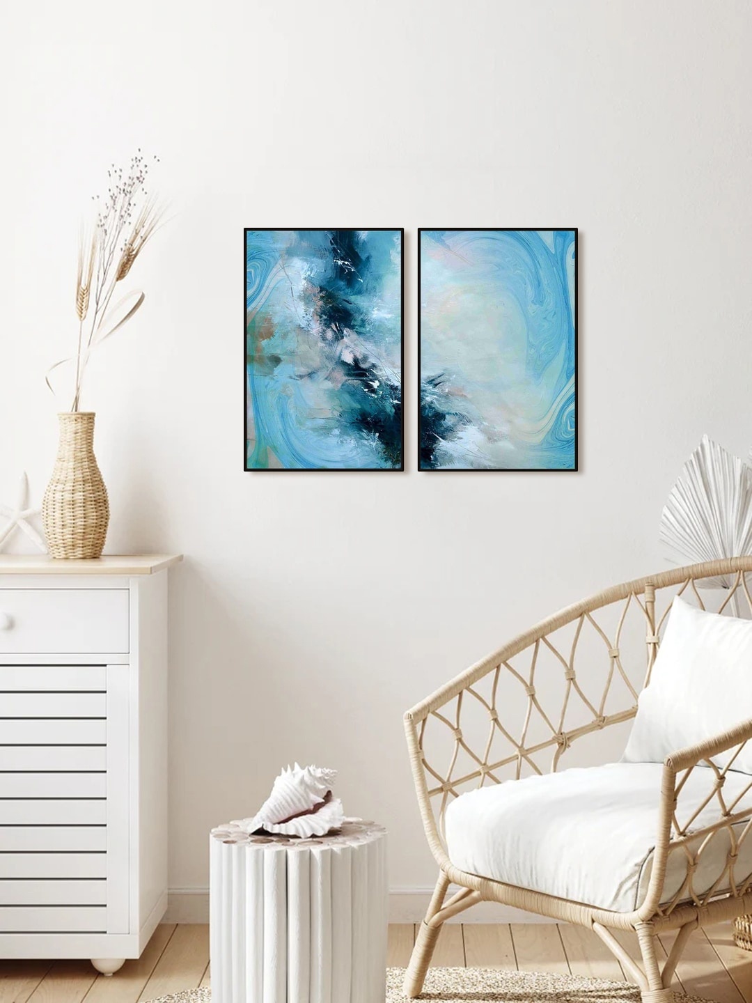 

999Store Set Of 2 Abstract Painting Framed Wall Art, Blue