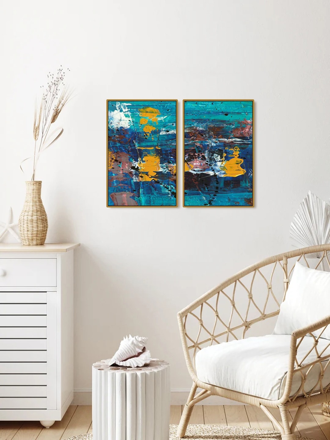 

999Store Set Of 2 Blue & Yellow Abstract Painted Wall Art