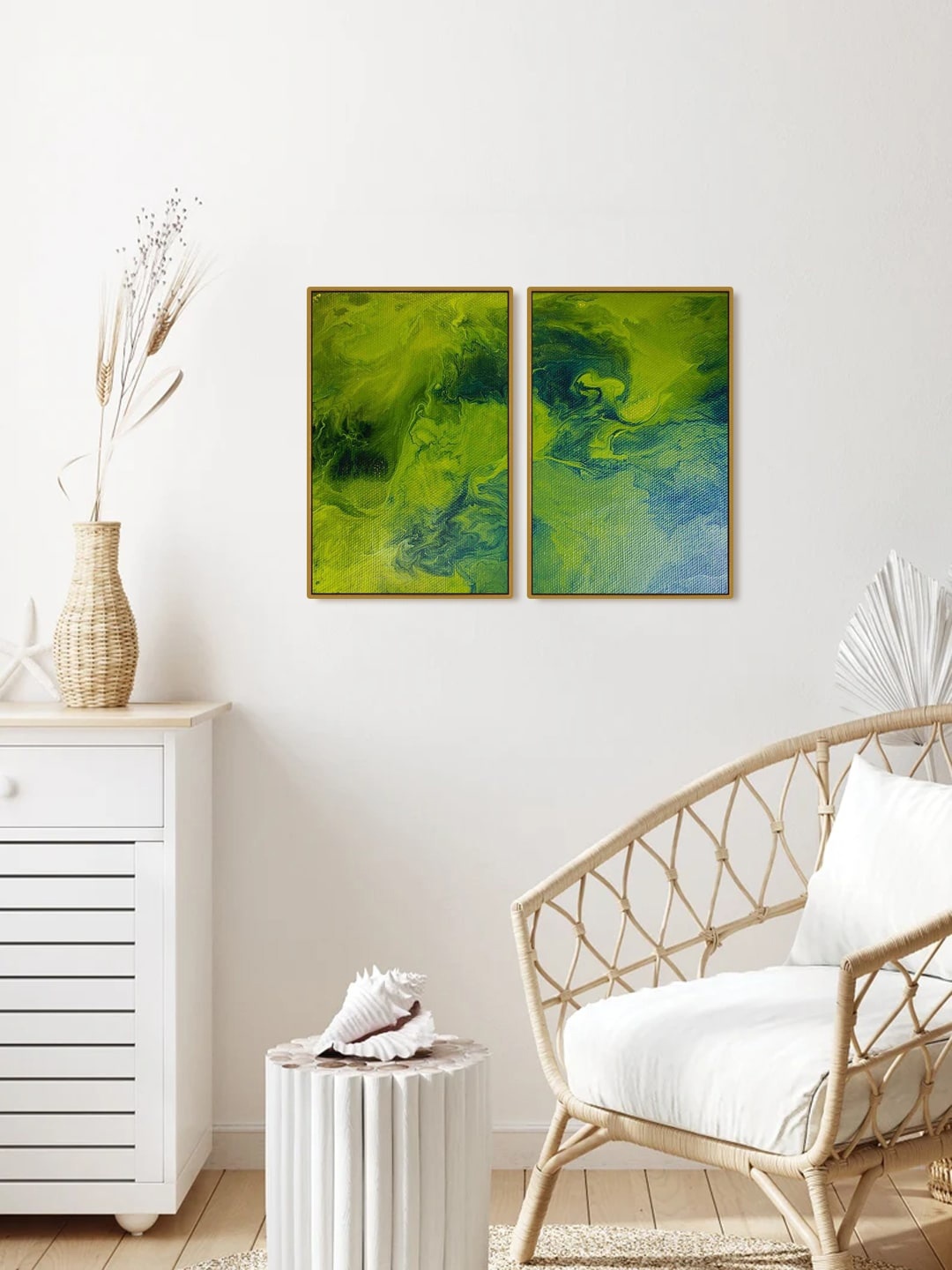 

999Store Set Of 2 Green Printed Landscape Abstract Painting Wall Art