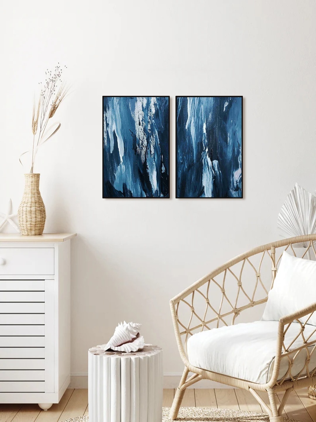 

999Store Set Of 2 Blue & White Printed Water Ocean Abstract Painting Wall Art