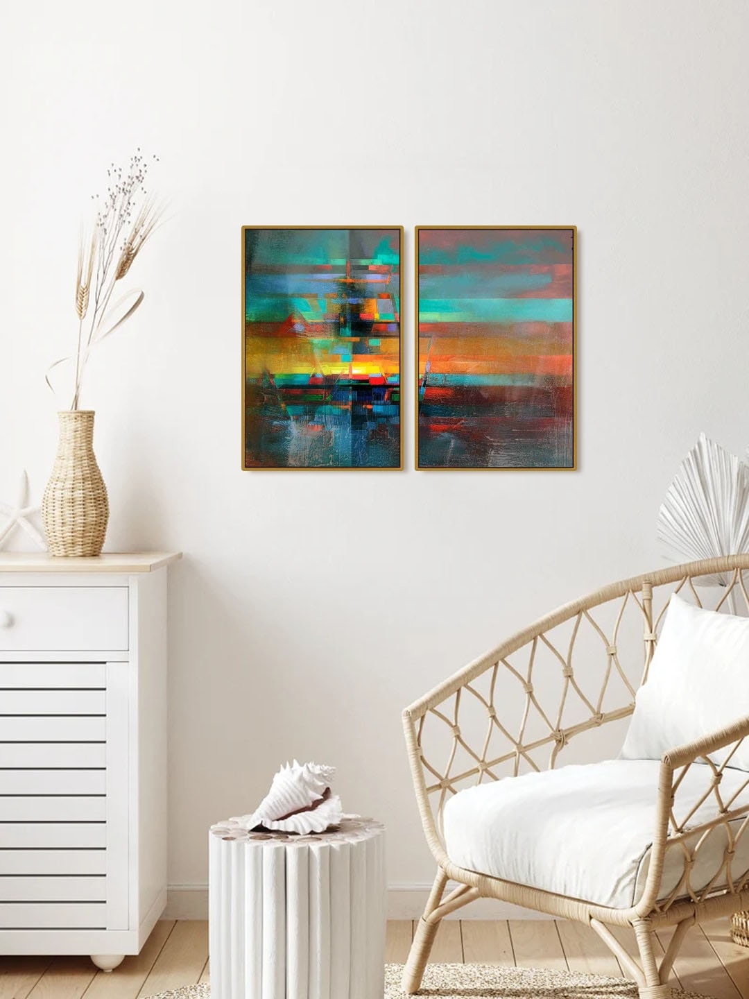 

999Store Set Of 2 Orange-Colored & Green Abstract Painted Wall Art