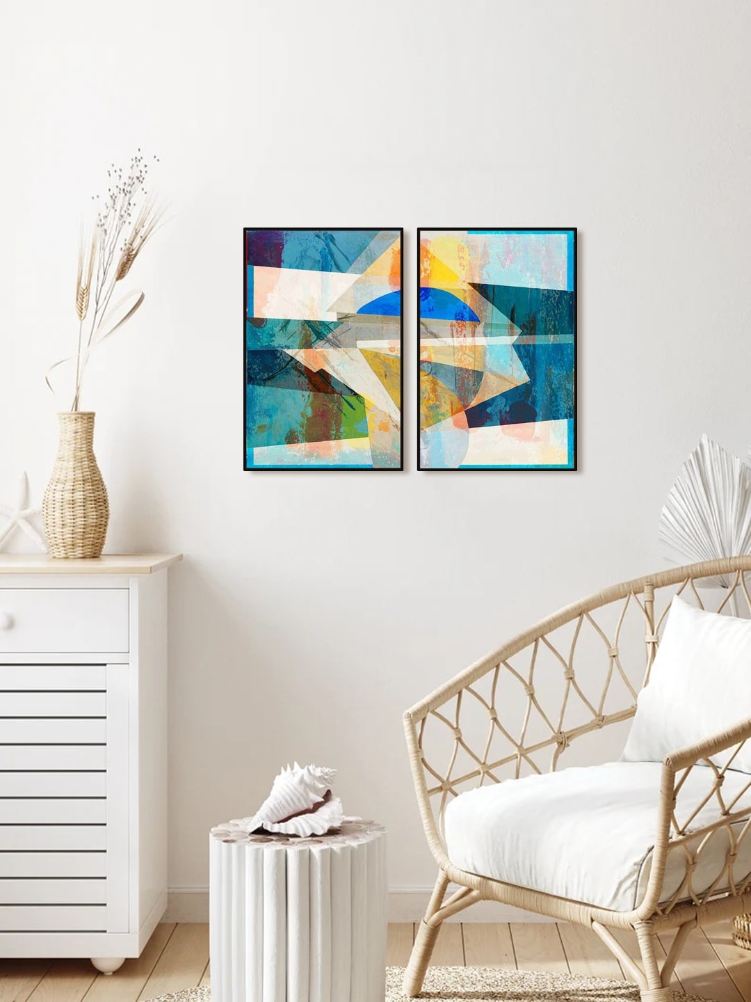 

999Store Set Of 2 Blue & Yellow Abstract Painting Wall Art