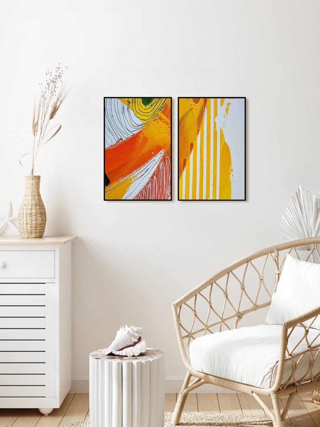 

999Store Set of 2 Yellow & Red Printed Abstract Painting Wall Art